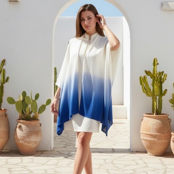 Lauren Ralph Lauren Sweaters - Lauren Ralph Lauren OS White & Blue Kimono Poncho Wrap Cape One Size Lightweight